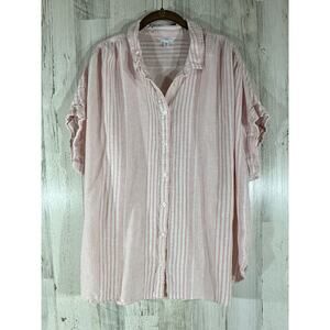 Time and Tru Womens Button Up Top Sz XXXL 22 Pink Stripe Cap Sleeves Linen Blend